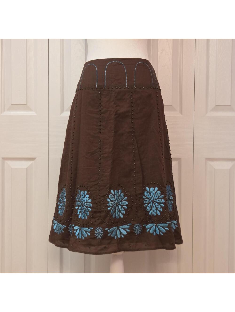 Brown Beaded Embroidered Floral Midi Skirt Size 8 Vintage Y2K Boho Western Retro